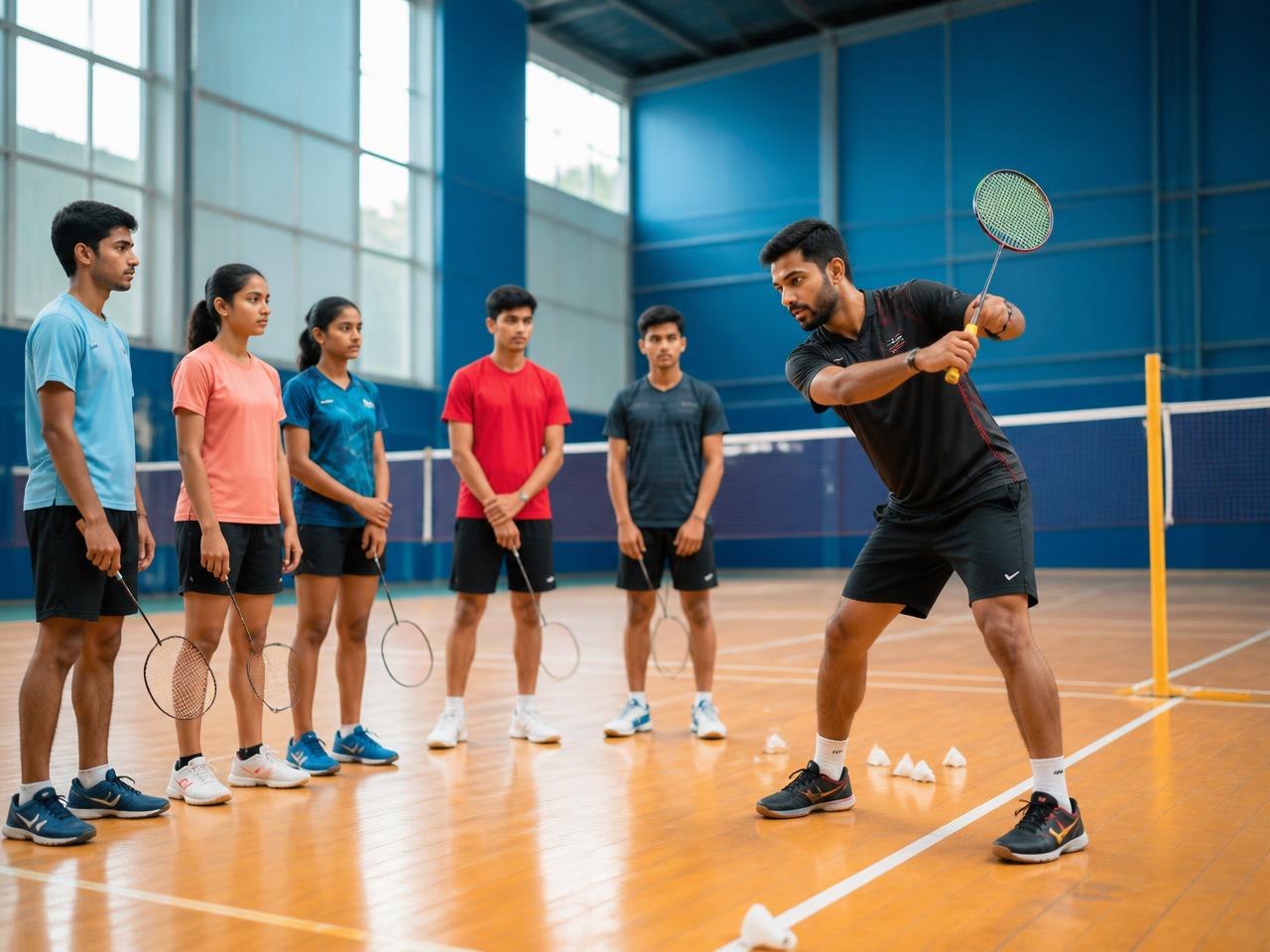 4B Academy coach training a group of badminton students on an indoor court