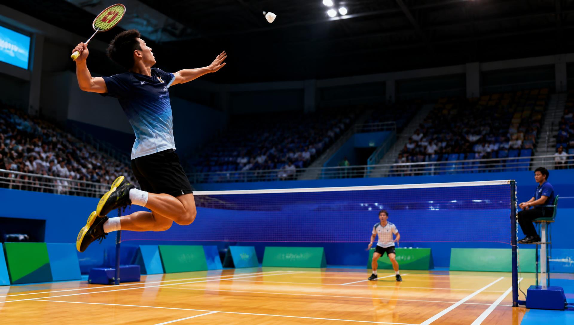 Badminton player leaping to smash a shuttlecock on an indoor court